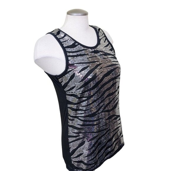 River Island Sequin Tank Top Womens XL Black Animal Print Tiger Stretch Sparkle - Picture 3 of 6